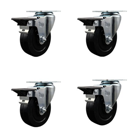 Service Caster 4'' Soft Rubber Wheel Swivel Top Plate Caster Set with Posi Brake, 4PK SCC-20S414-SRS-PLB-4